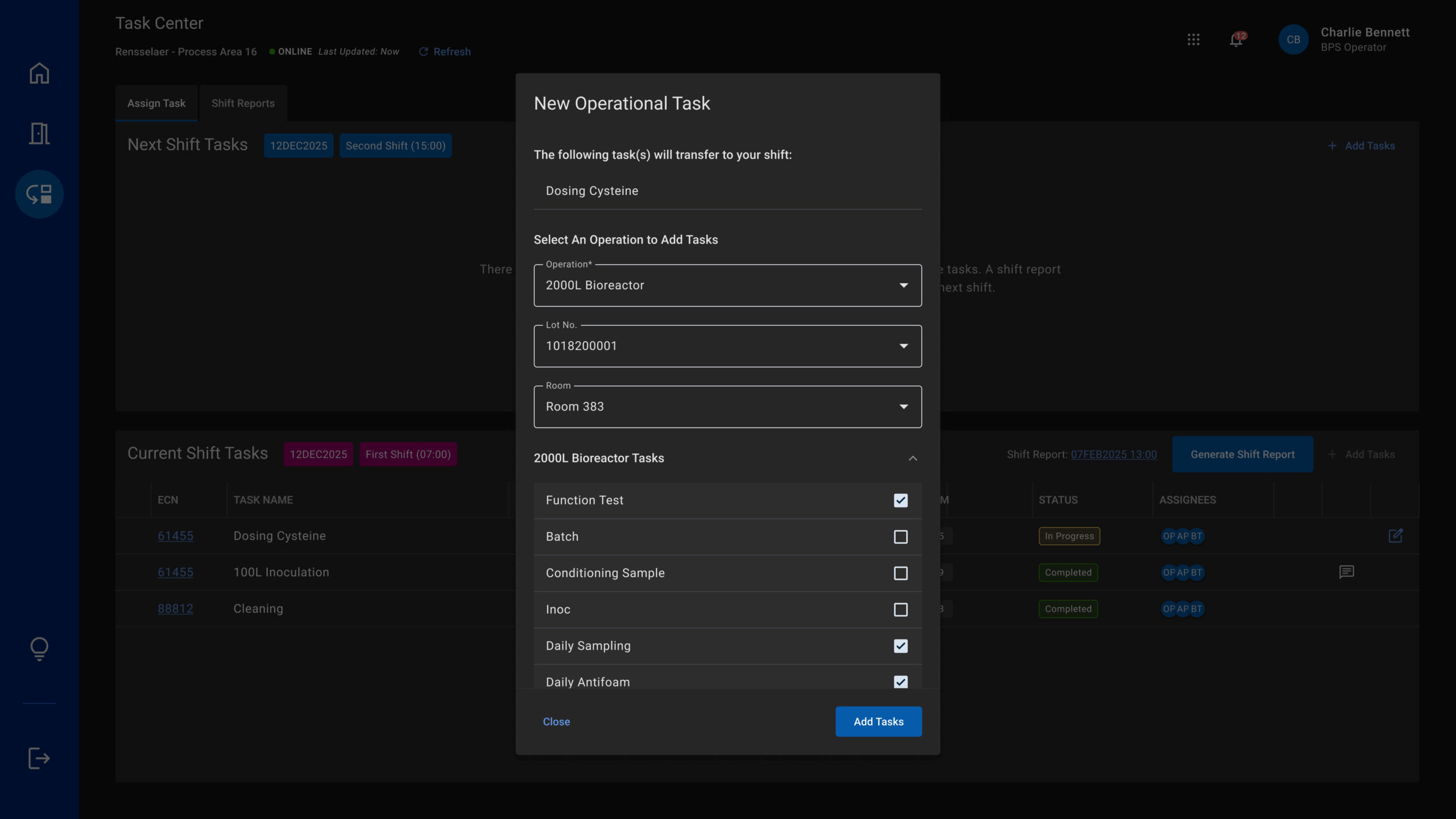 Begin Shift Assignment, Tasks Selected